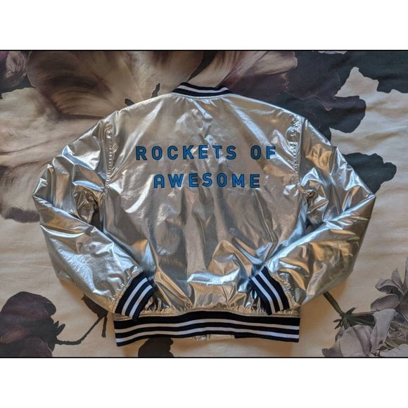 🚀 Rockets Of Awesome Metallic Silver Bomber Jacket Navy Blue White Stripes (XS) - Picture 6 of 7